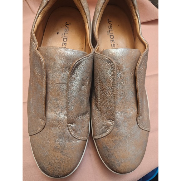 J Slides Shoes - J/Slides NYC Noel Taupe Metallic Leather Platform Slip On Sneakers Womens 10